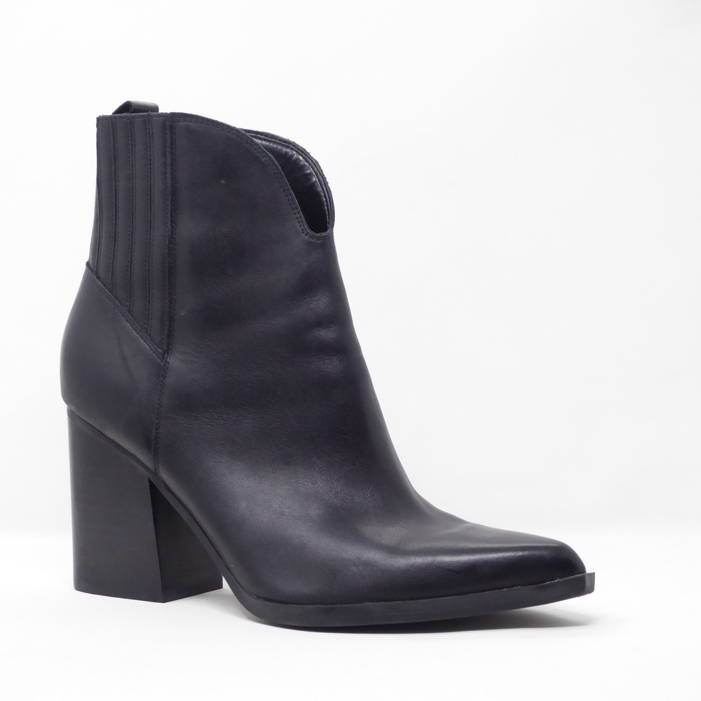 Marc Fisher Black Leather Pointed Toe Block Heel Ankle Boots